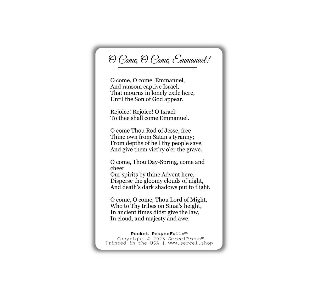 O Come, O Come, Emmanuel: Pocket PrayerFulls™ | Durable Wallet Prayer Cards | Advent, Christmas, Nativity Gift | Catholic Hymns