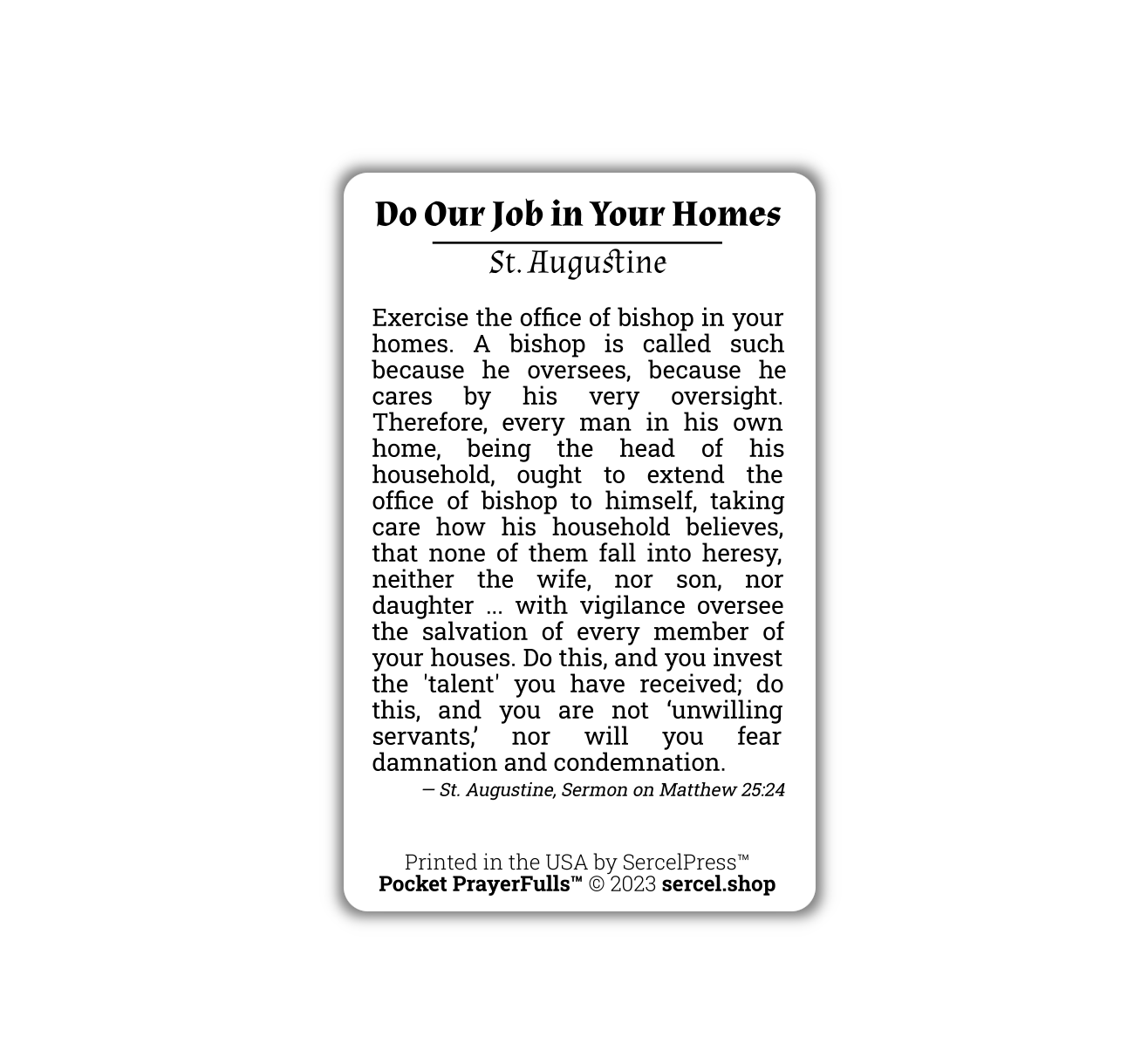 St. Augustine, Do Our Job in Your Homes: Pocket PrayerFulls™ | Durable Wallet Prayer Cards | Catholic Saints