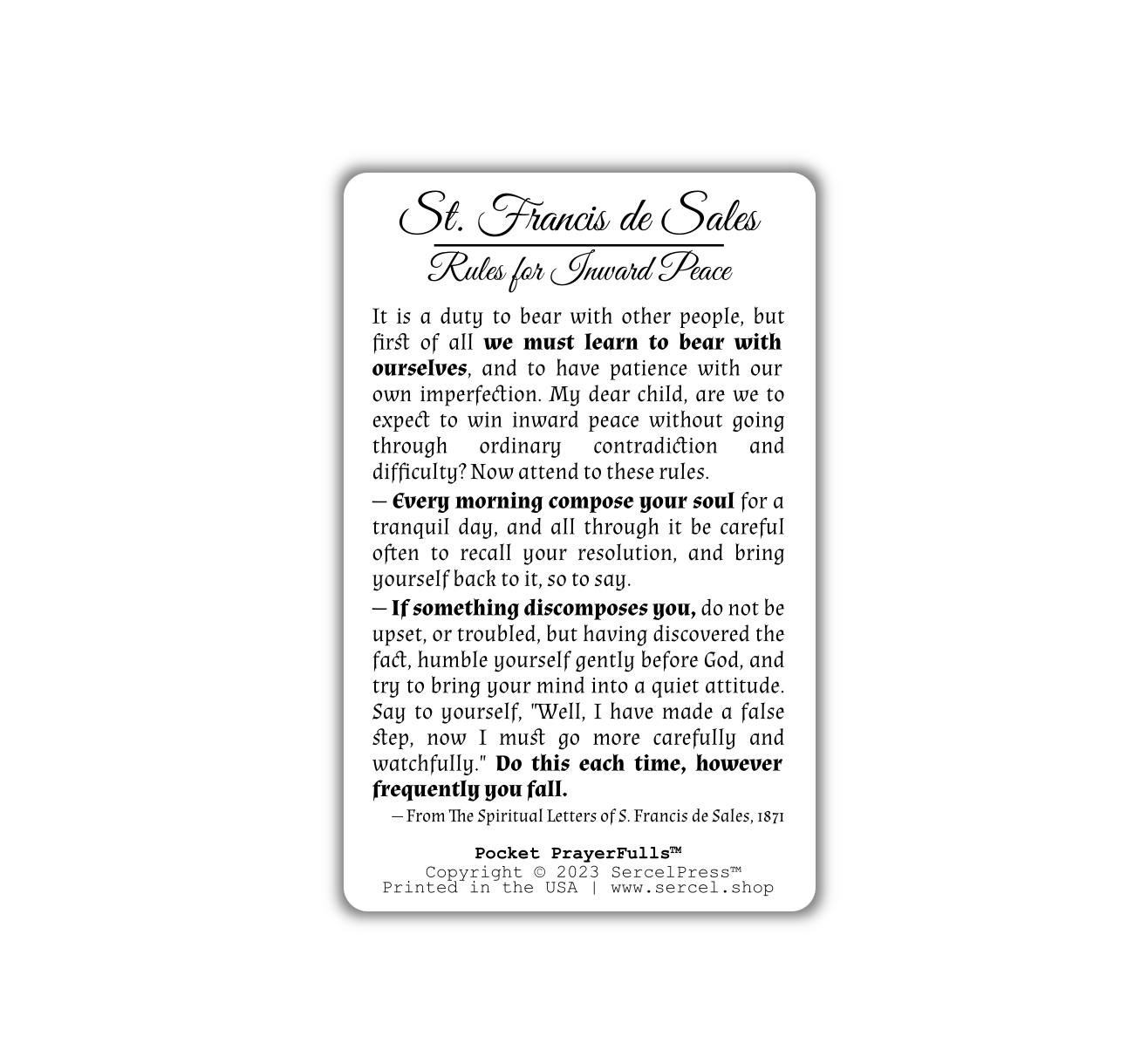 St. Francis de Sales, Rules for Inward Peace: Pocket PrayerFulls™ | Durable Wallet Prayer Cards | Catholic Saints