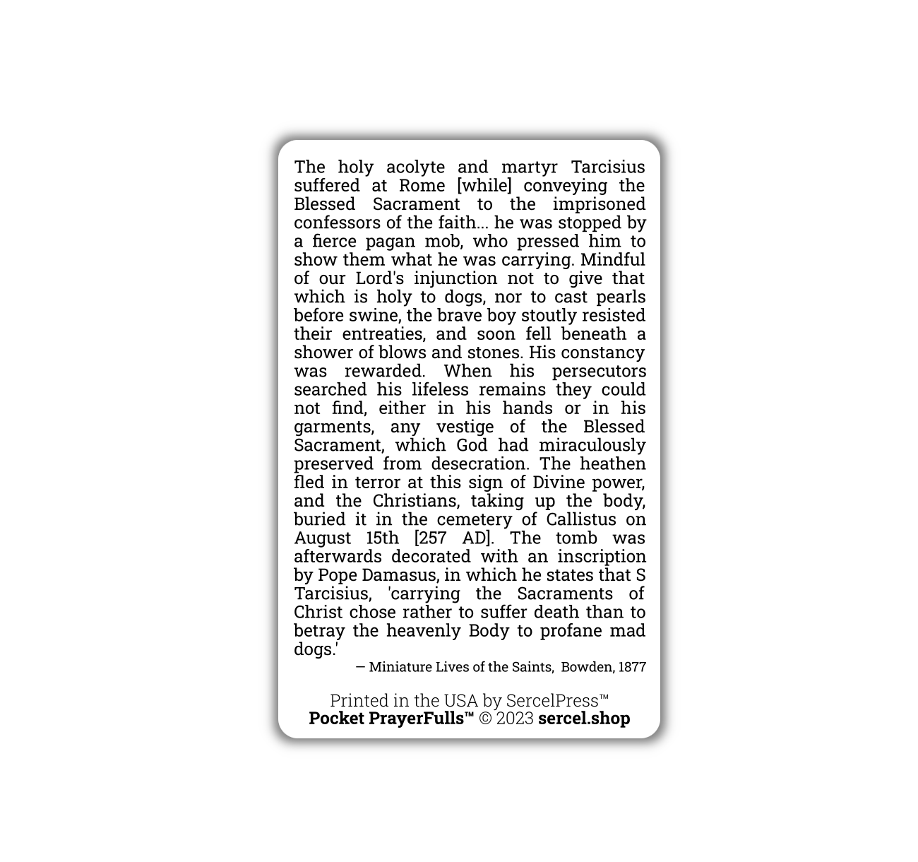 Saint Tarcisius: Pocket PrayerFulls™ | Durable Wallet Holy Cards | Catholic Saints