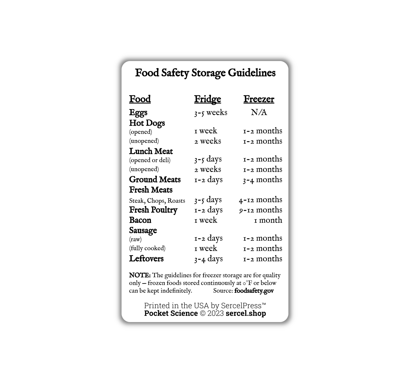 Food Safety Storage Guidelines Reference Card | Durable Wallet Pocket Reference Card | Pocket Science, Kitchen